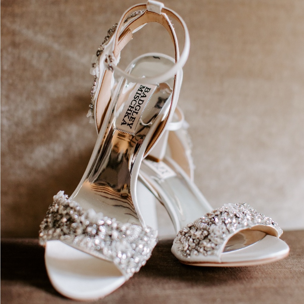 Badgley Mischka White and Silver Heels with Floral Embellishments